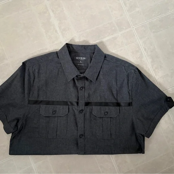 Guess Men's Short Sleeve Button-Down Shirt with P.U leather detail - Picture 2 of 10